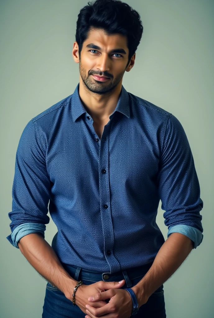 A sexy indian man, handsome face, homoerotic ,penis, looking at camera seductively, sexualised pose, he is wearing jeans shirt