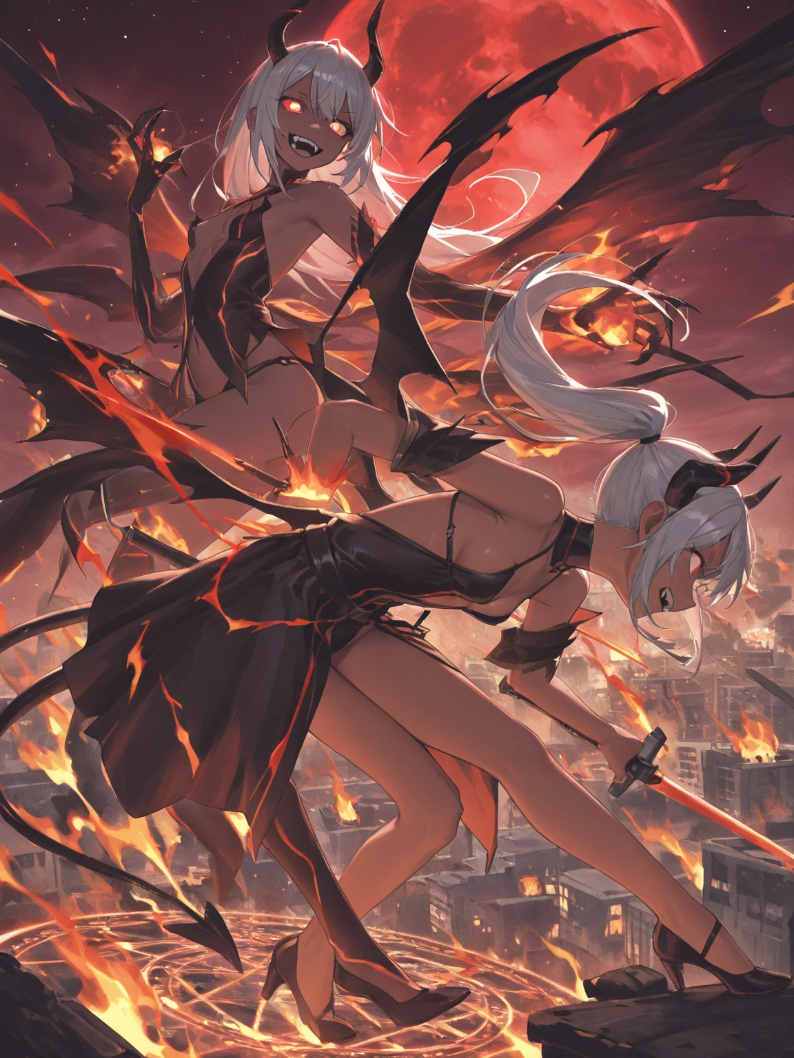 tmasterpiece,HighestQuali,Anime girl with white hair and black stockings flying in the air, concept art by Shitao, trending on pixiv,火焰, auto-destructive art, onmyoji, demon anime girl, lava and fire goddess