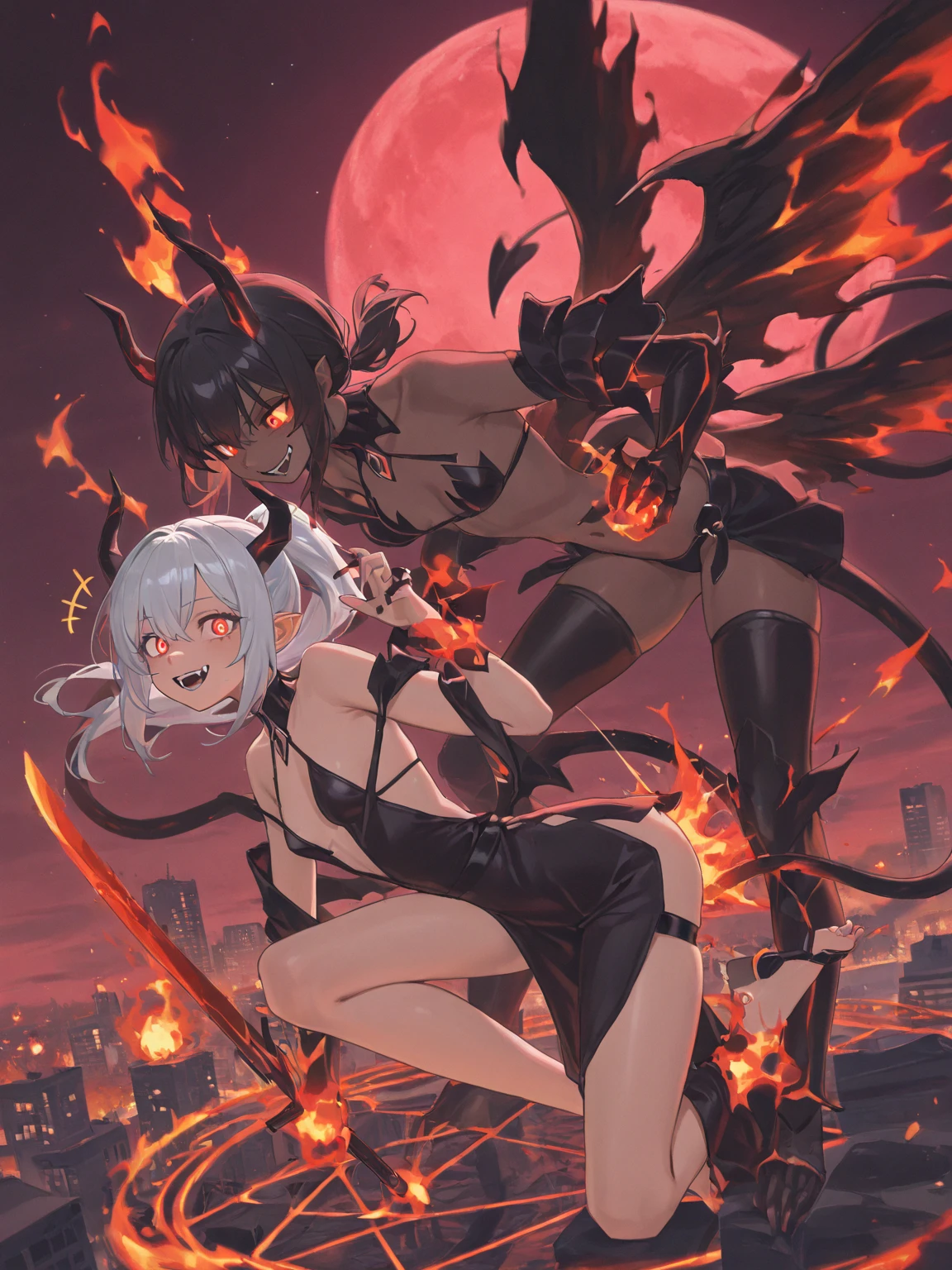 Masterpiece, best quality, 1girl, female version of Hellboy, pointy ears, horns, busty, small waist, white grey hair, large hips, cleavage, black hair, dark wings, armor, upper body, from front, swinging a flaming whip, arrogant look, in a destroyed city, night