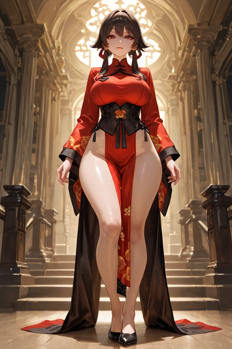long black hair, female human, gray eyes, beautiful face, red and white priestess robes, full body, , wide hips, thick thighs, full body, wooden wall background, neutral expression, parted fringe, adult, fully clothed,