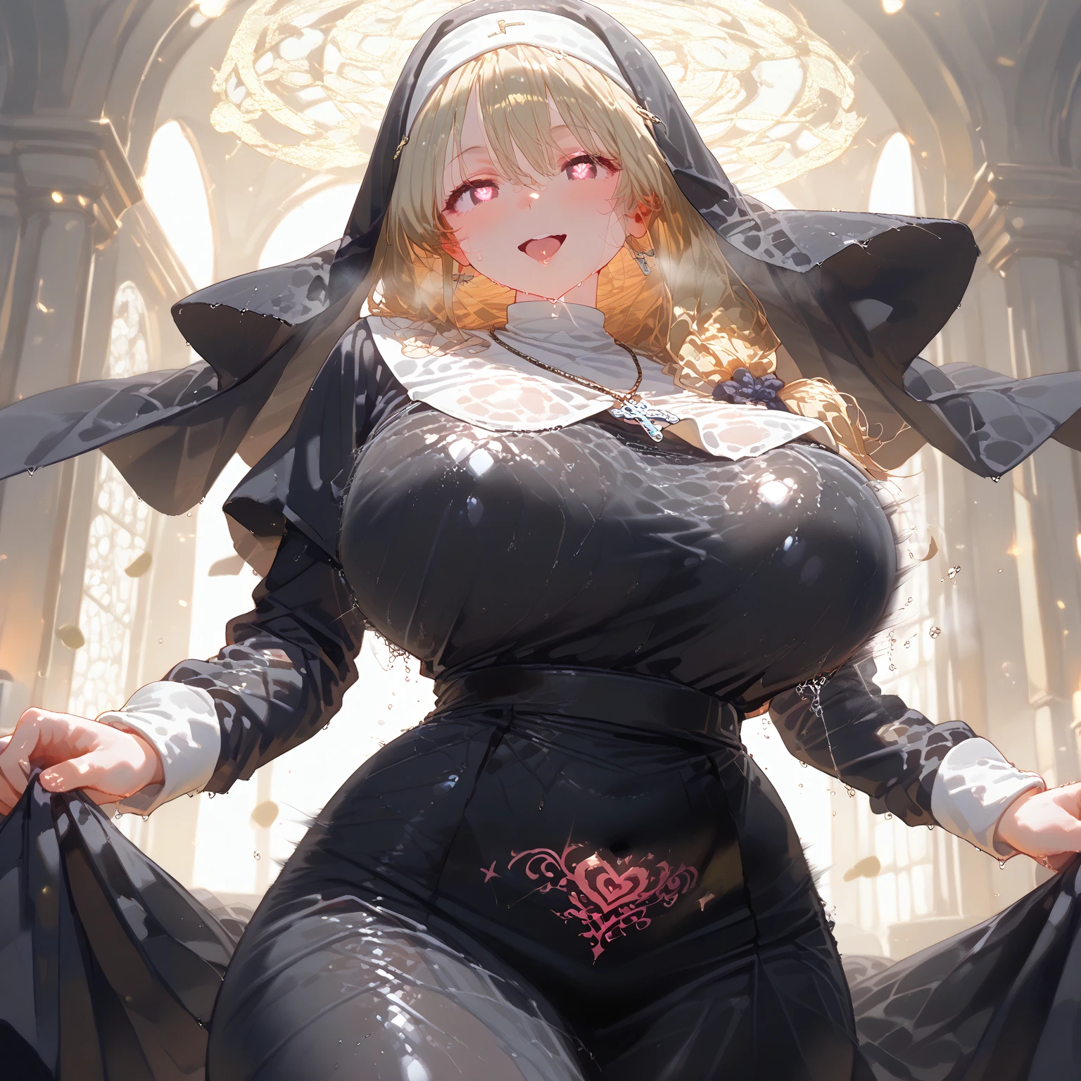 Billie Eilish, masterpiece quality, realistic, lots of detail, quaint village in background, standing in cobblestone street, 1girl, solo, alone, platinum blonde hair, wearing nun habit, lots of cleavage, big breasts, (big breasts:1.3), thin body, seductive pose, blushing, (blushing:1.3),