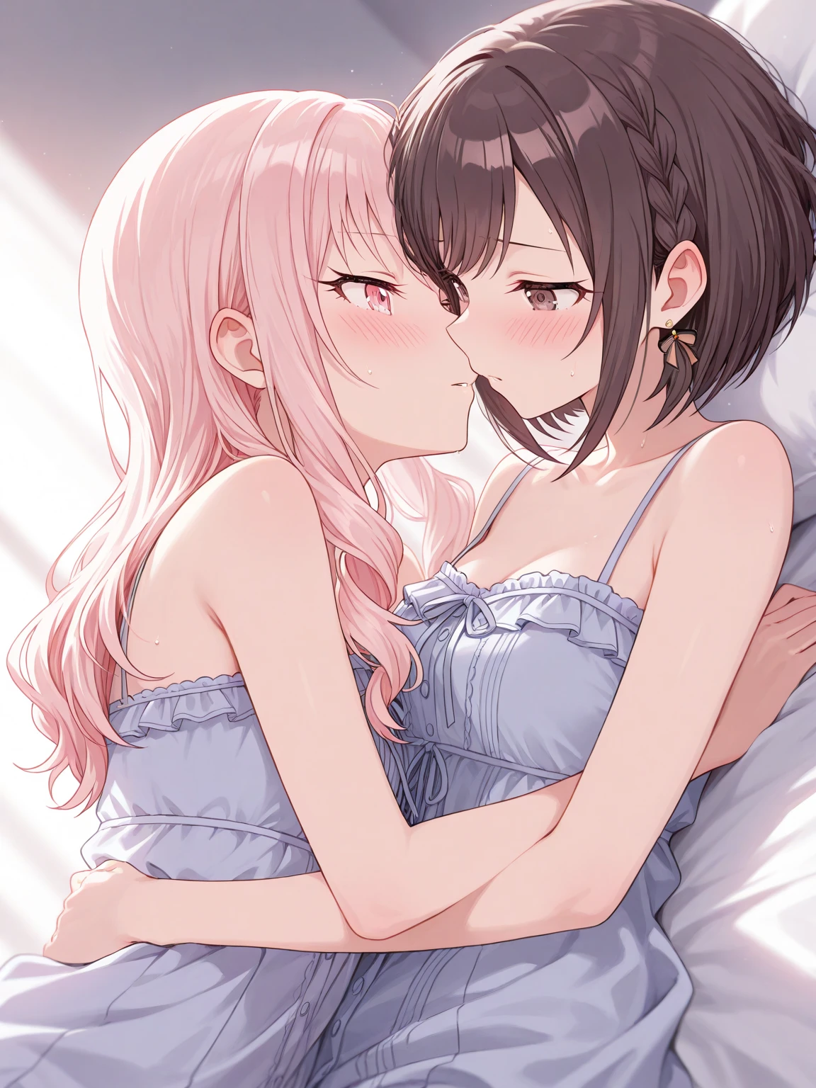 masterpiece, best quality, nsfw,
2girl, kiss,
white lingerie, pink hair, embarrassed face,
bedroom, night,