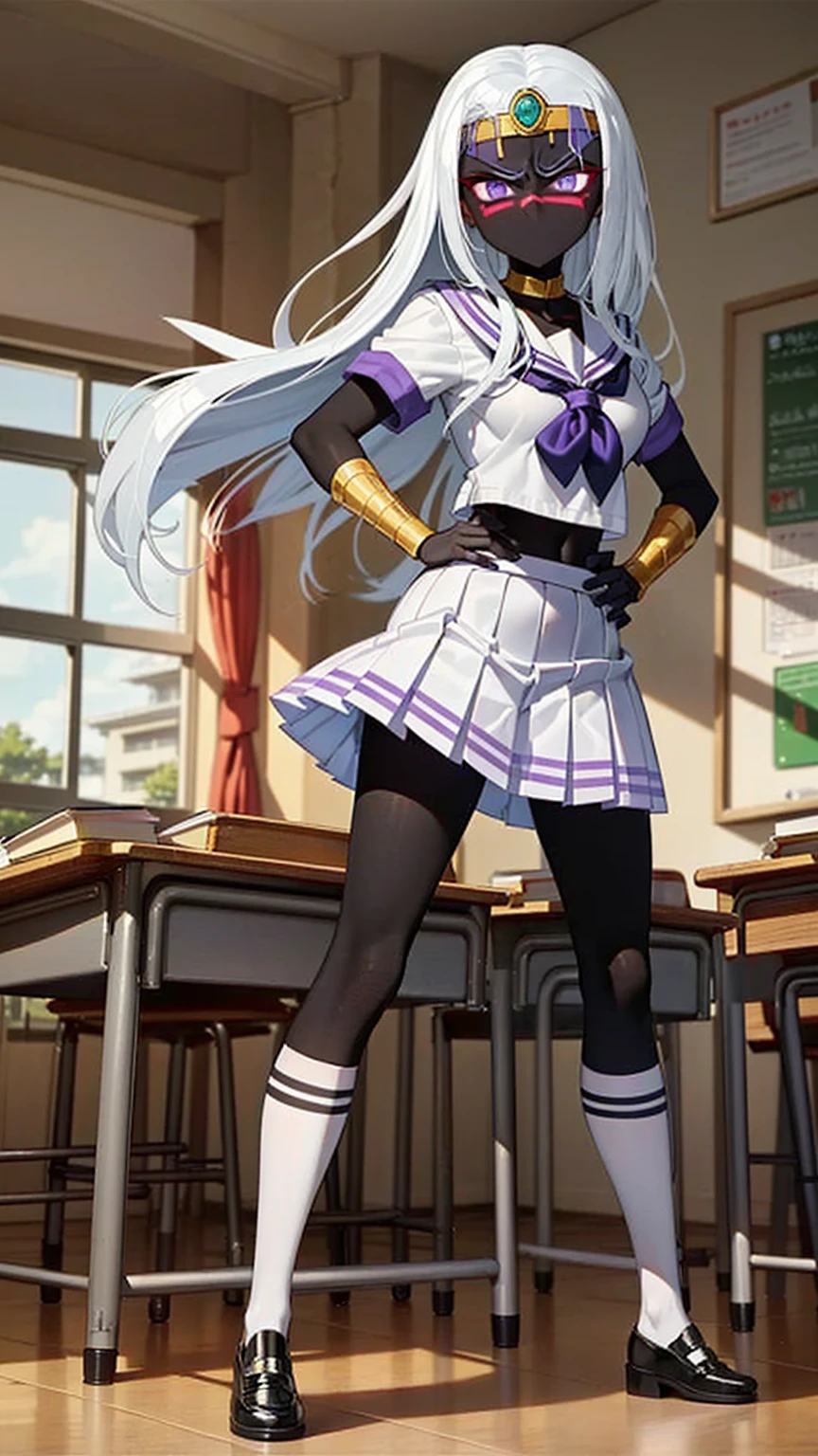  (((queentyr, colored skin, black skin, purple eyes, angry, white hair, long hair, circlet, neck ring, bracer, facial mark, (queen tyr'ahnee, black_skin, white_hair, purple_eyes), smug))),  (((Cute High School Girl, full body, gyaru, gal schoolgirl, classroom, smug, class room,  skirt, sailor school uniform)))