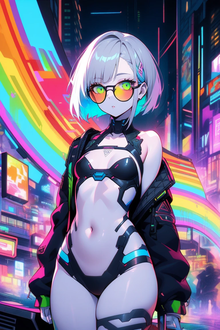 score_9, score_8_up, score_7_up, source_anime,masterpiece, best quality, high resolution, extremely detailed CG, absurdres, highres, 1girl, Shot of a futuristic cyberpunk beach scene at night. The subject, wearing a bikini and jacket combo with a glittery swimsuit underneath, strikes a pose close-up, looking directly at the viewer with a cheeky grin. A mecha arm and headgear adorn their body, with neon lights flashing beneath the surface. Sunglasses perch atop their head, reflecting the bright lights of the beach's neon decorations, ((beach)), neon punk, shiny, sexy body, large_breasts, sitting, (neon lights on swimsuit), ((vapor wave))