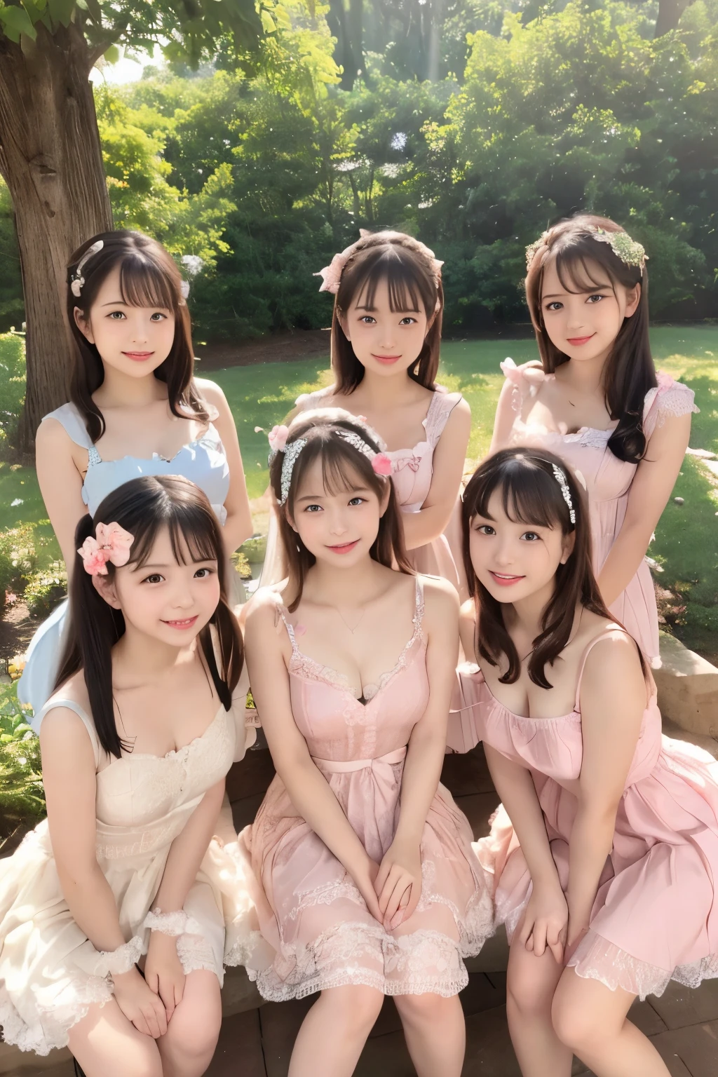8k, real photo, five girls standing together, ((white:1.5)) small-triangle bra with pleated mini skirt, 14-year-old,bangs,a little smiles,thighs,knees,crotch,low ponytail,from below, low angle, exposing white panty, in a park, shiny sun shine, photo shooting