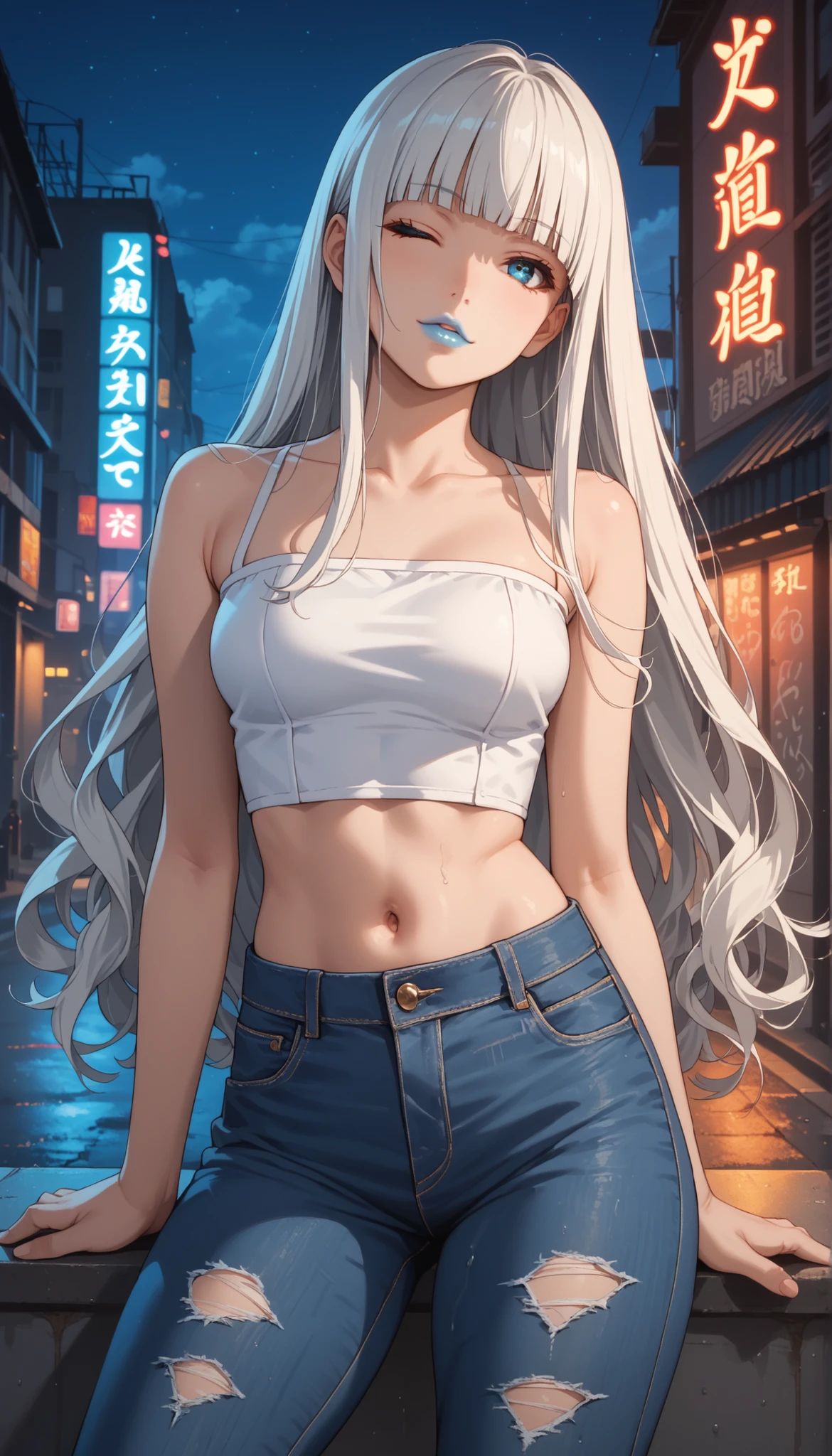 Score_9, score_8_up, score_7_up, score_6_up, source_anime, rating:general, 1girl, kirari momobami, white hair, long flowing hair, hime cut, blunt bangs, blue eyes, Sanpaku eyes, pale skin, round face, cute face, slender build, medium sized breasts, thick thighs, cute belly button, exposed midriff, bare shoulders, bardot top, tight skinny jeans (ripped jeans), slight head tilt, glossy blue lipstick, subtle edgy touch, standing in a city at night, moonlight, after rain, neon lights, graffiti walls, foggy effects, edgy atmosphere, soft lighting, vivid colours, masterpiece, 8k quality, blow kiss, wink