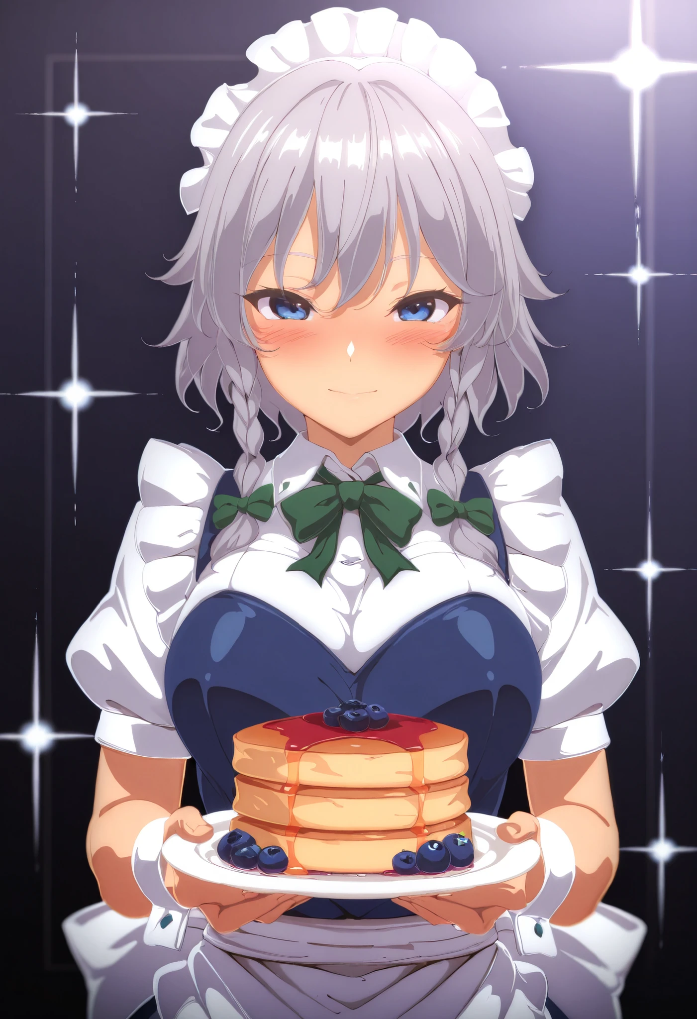 (masterpiece, best quality, high quality, highres, ultra-detailed), 1girl, izayoi sakuya, 1girl, solo, grey hair, blue eyes, short hair, side braids, twin braids, braid, breasts, hair bow, green bow, maid headdress, wrist cuffs, waist apron, white apron, back bow, white bow, simple background, light smile, close up, theobrobine, upper body, standing, abstract background, sparkling background, holding plate, pancakes on plate, offering, focus pancakes, happy expression, blush, holding with both hands, blueberry jam