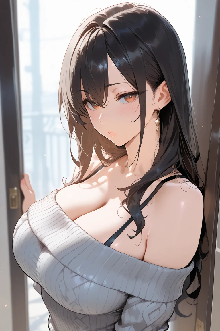 Long Black Hair,H Cup,Sober atmosphere,One eye is hidden by hair,Shaggy hoodie