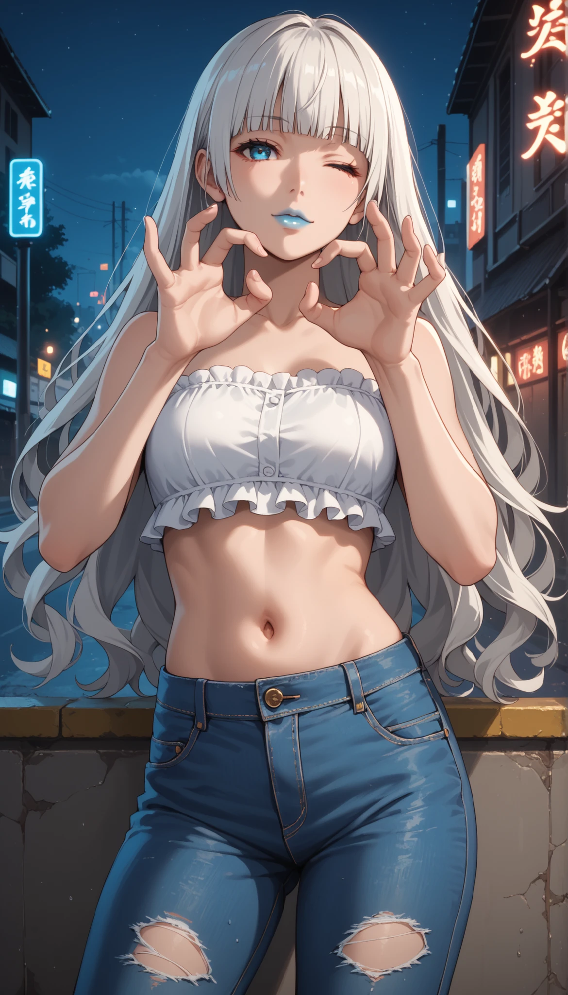 Score_9, score_8_up, score_7_up, score_6_up, source_anime, rating:general, 1girl, kirari momobami, white hair, long flowing hair, hime cut, blunt bangs, blue eyes, Sanpaku eyes, pale skin, round face, cute face, slender build, medium sized breasts, thick thighs, cute belly button, exposed midriff, bare shoulders, frilly bardot top, tight skinny jeans (ripped jeans), slight head tilt, glossy blue lipstick, subtle edgy touch, standing in a city at night, moonlight, after rain, neon lights, graffiti walls, foggy effects, edgy atmosphere, soft lighting, vivid colours, masterpiece, 8k quality, blow kiss pose, wink