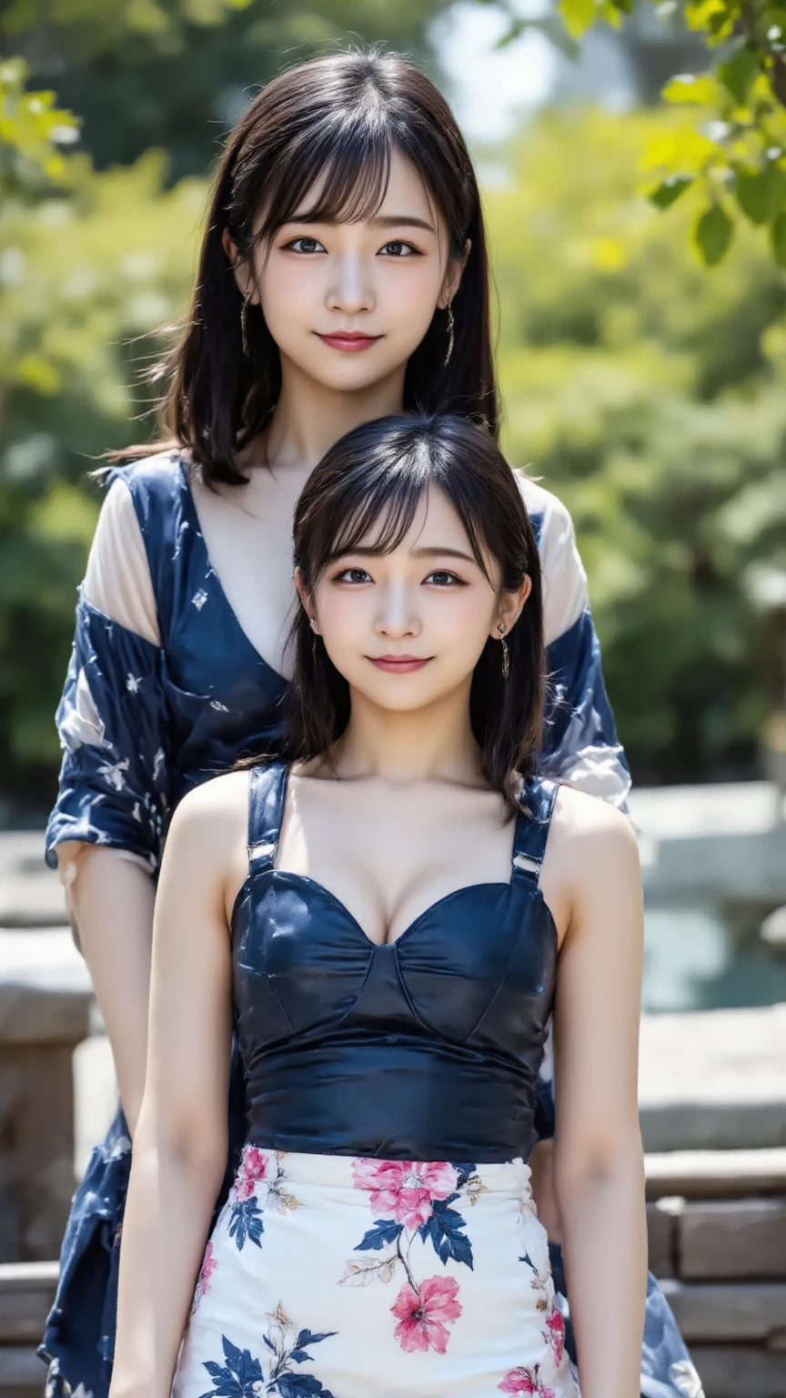 ((Best quality, masterpiece)), five lifelong friends,japanese idol,costume,((orange juice)), warmly embracing, smiling ear-to-ear, surrounded by lush greenery and a crisp blue sky, basking in the sunshine of a perfect day.