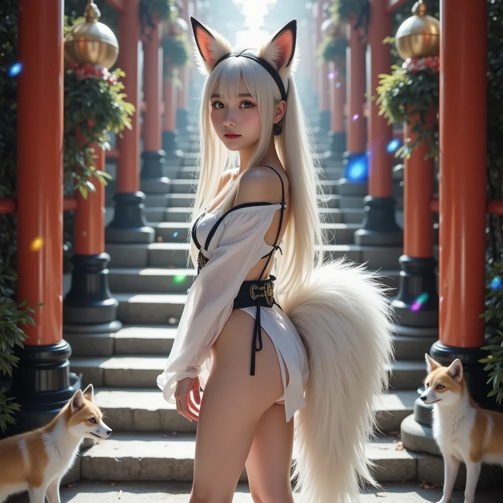 (Masterpiece artwork、highest quallity、details Intricate、The ultra-detailed、ultra-quality、high resolution、The best shadows、The best lighting、4K) Eleven keywords: The hair is golden Beautiful blonde Longevity and immortality Beautiful figure Exceptional abilities Harmony with nature Noble culture Ancient races Fantasy works Role-playing games Beauty and elegance dark witch Magical talent Females a beautiful girl Mystic fictional creatures Old Dresses The buttocks are seen through standing on all fours highlighting the buttocks Sit with a beautiful back Looking back. Black magical girl in a chino landscape, sexy fio dental