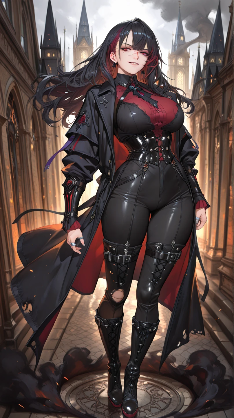 Masterpiece, High quality, High quality of art, best quality, best details, anime artstyle, ultra detailed, Tall, girl, goth, black and dark purple fur, big thighs, Goth, disgruntled look, long hair, gothic clothing, piercing, chest tattoo