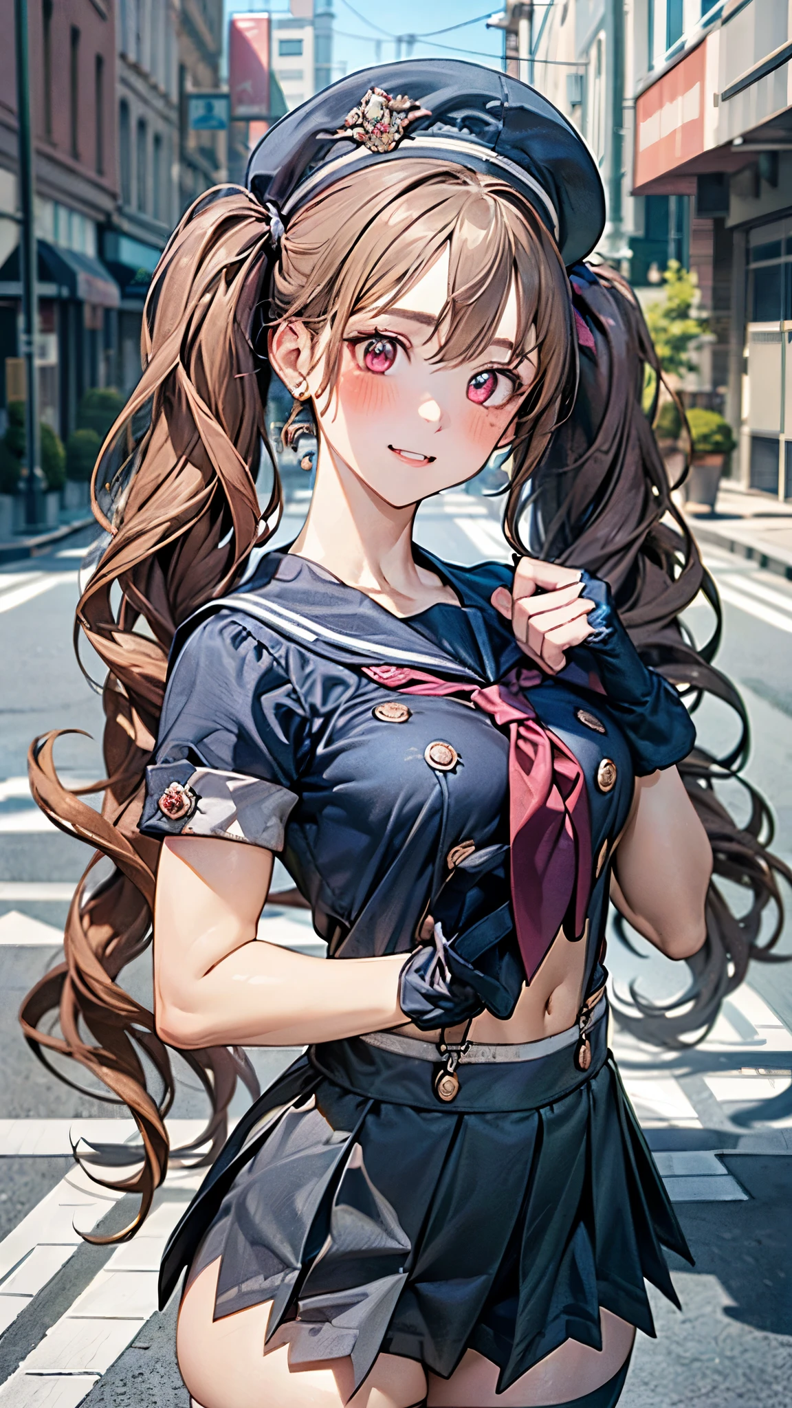 (masterpiece:1.3, top-quality, ultra high res, ultra detailed), (realistic, photorealistic:1.4), beautiful illustration, perfect lighting, natural lighting, colorful, depth of fields, 2025s, ,
beautiful detailed hair, beautiful detailed face, beautiful detailed eyes, (perfect hands, five fingers, perfect anatomy, anatomically correct, super detailed skin), pink skin, shiny skin,
looking at viewer, (face focus, upper body), 1 girl, miranda, high school girl, cute and symmetrical face, perfect face, perfect eyes, perfect body, babyface, cute face:1.2, tiny, curvy,
(very long hair, twin tails, sidelocks, light brown hair), hair between eyes, maroon eyes, big eyes, fang, long eye lasher, (large breasts, narrow west, seductive thighs, camel toe, large ass), glamorous, skin dentation,
(detailed cloth texture), (black hat, (black) short sleeve sera fuku, midriff:1.2, suspenders, (red) neckerchief, black pleated miniskirt, black gloves, black thigh-highs),
(beautiful scenery), summer, evening, detailed background, (street:1.5), standing, (skirt lift), (seductive smile, upper eyes, blush, parted lips),