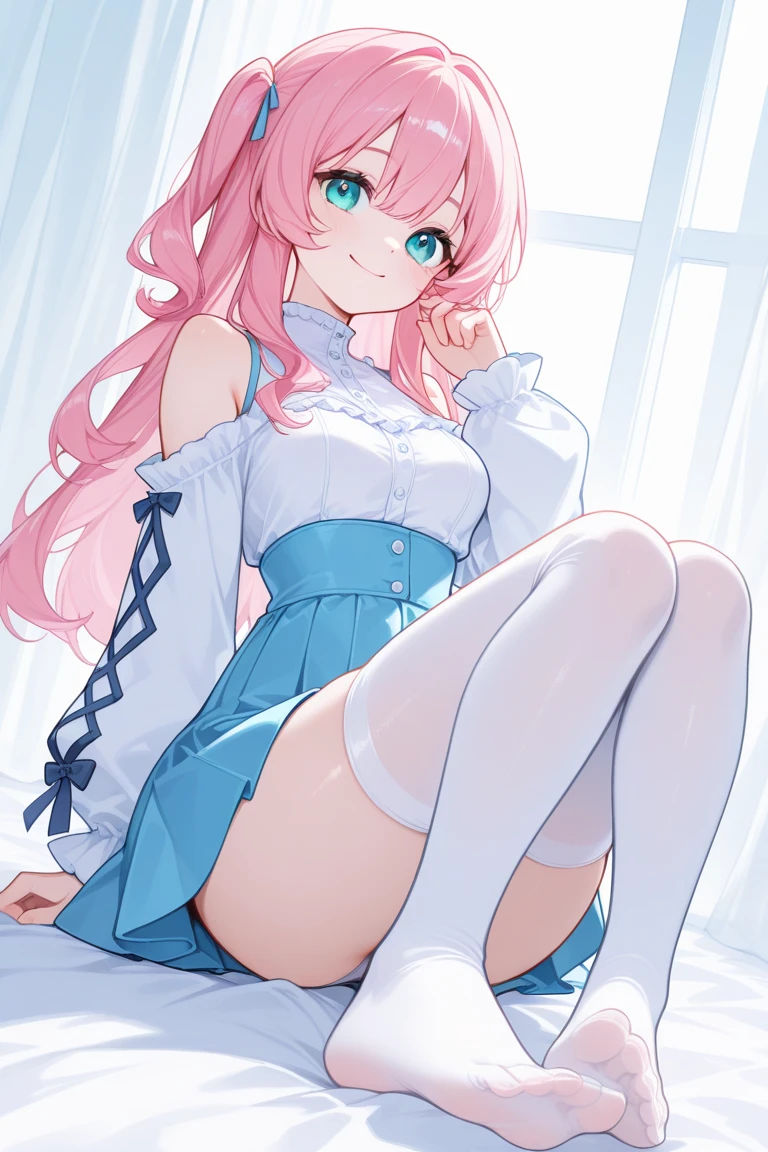 pink hair girl, blue eyes, , tights, and thigh socks.