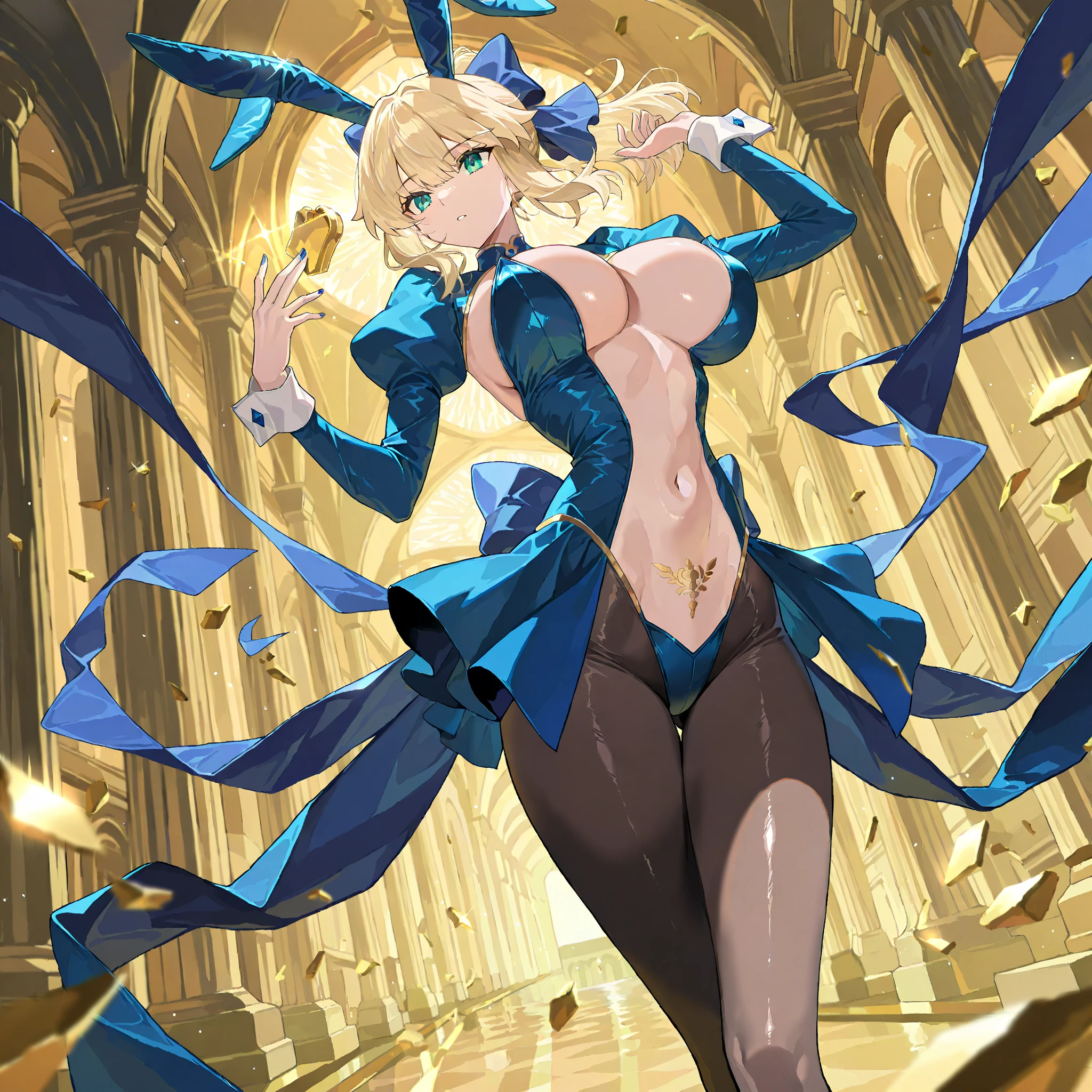 Artoria Pendragon \ (Destiny\), masterpiece, best quality, high resolution, super detailed, art book, anime coloring, CG, illustration, fantasy, 1 girl, solo, blood, male focus, looking at the audience, attoria pendragon \ (destiny\), armor, chest exposed, thighs exposed, detailed beautiful face and eyes, hands not exposed, body leaning forward, back perspective, mild sunlight ,warm environment, capable slender figure, big bust ,dexterous dynamic masterpiece, best quality, high resolution, Ultra detailed, 1 girl, solo, attoria pendragon \ (swimsuit ruler) \ (fate), blonde, sideburns, ponytail, ahoge, green eyes, belly button, white tights, feather python, rabbit ears, wrist cuffs, split collar, openwork clothes, blue pantyhose, portrait, standing, casino, looking at the audience, sweat, giggling, rolling eyes, blushing, sticking out tongue