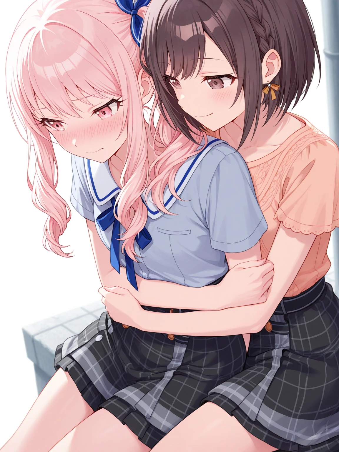 masterpiece,ultra detail,best quality,2girls,against wall serafuku,navy plits skirt,smile,blush,side view,girl pinned against wall,hug,kissing