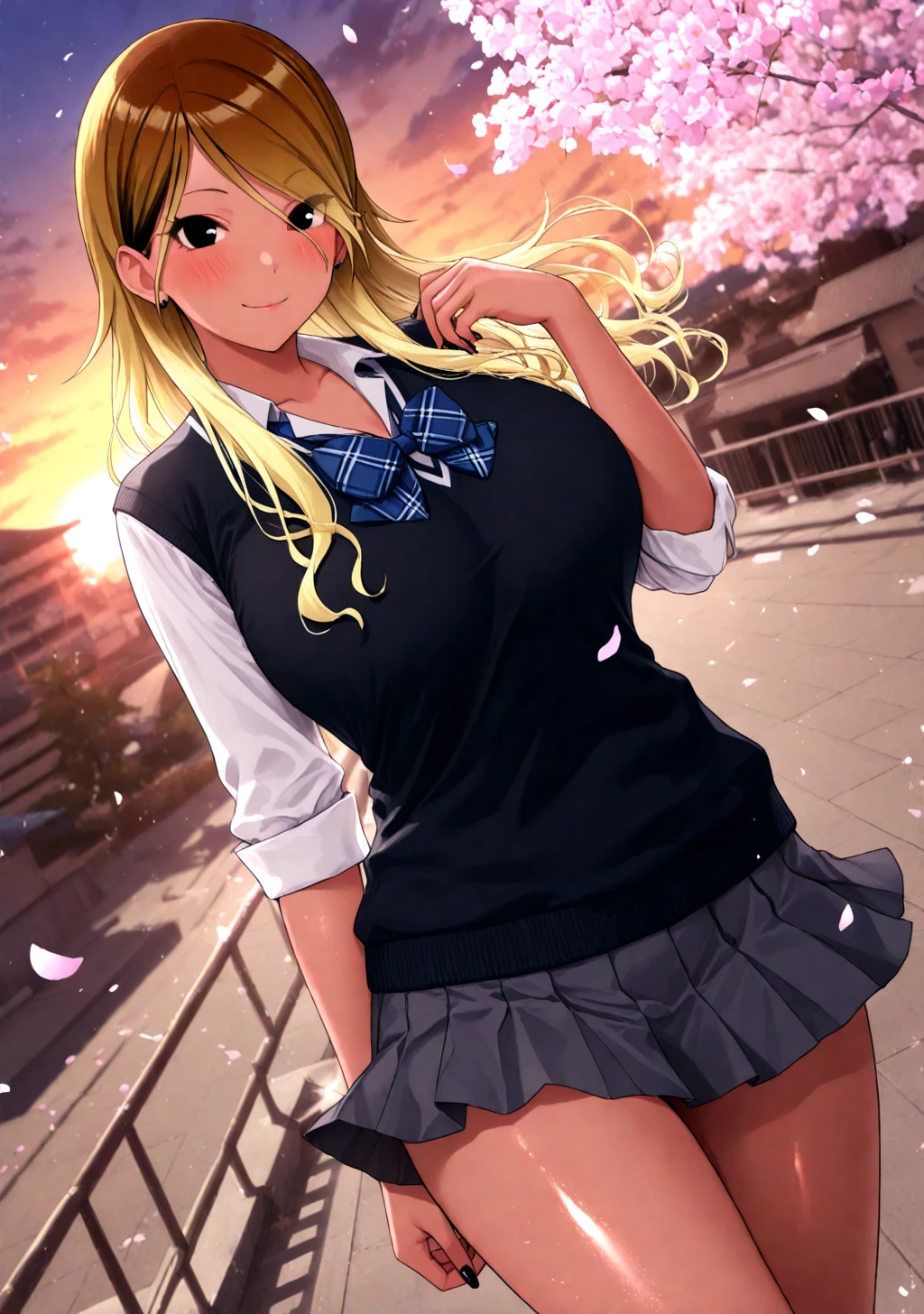 Best quality, solo mature woman, giant breasts, giant ass, very curvy, tanned skin, dyed curly blonde hair, vibrant green eyes, full lips, seductive, smiling, wet school girl uniform, school girl skirt, silver hoops, hibiscus flower, bimbo, thick thighs, curvy physique,