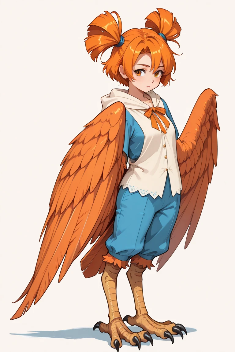 score_9, score_8_up, score_7_up, score_6_up, <lora:MonsterGirlXL_P6_lokr_V43P1NF:0.95> 1girl, solo, monster girl, harpy, wings, winged arms, brown hair, breasts, white background, simple background, necktie, looking at viewer, yellow eyes, feathers, talons, blush, large breasts, hair between eyes, feathered wings, full body, short hair, claws, sweater, red necktie, feather hair, fluffy, digitigrade, covered nipples, bird legs, brown eyes