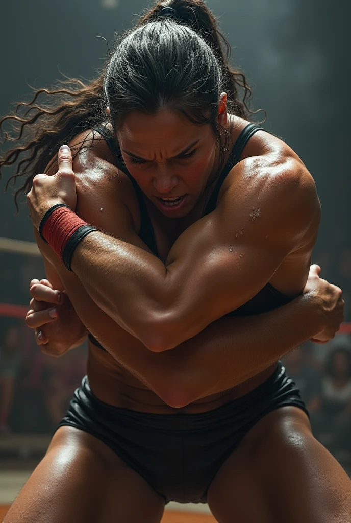 Female black skin sexy wresteler black-colored grappling a choke hold other women japanese