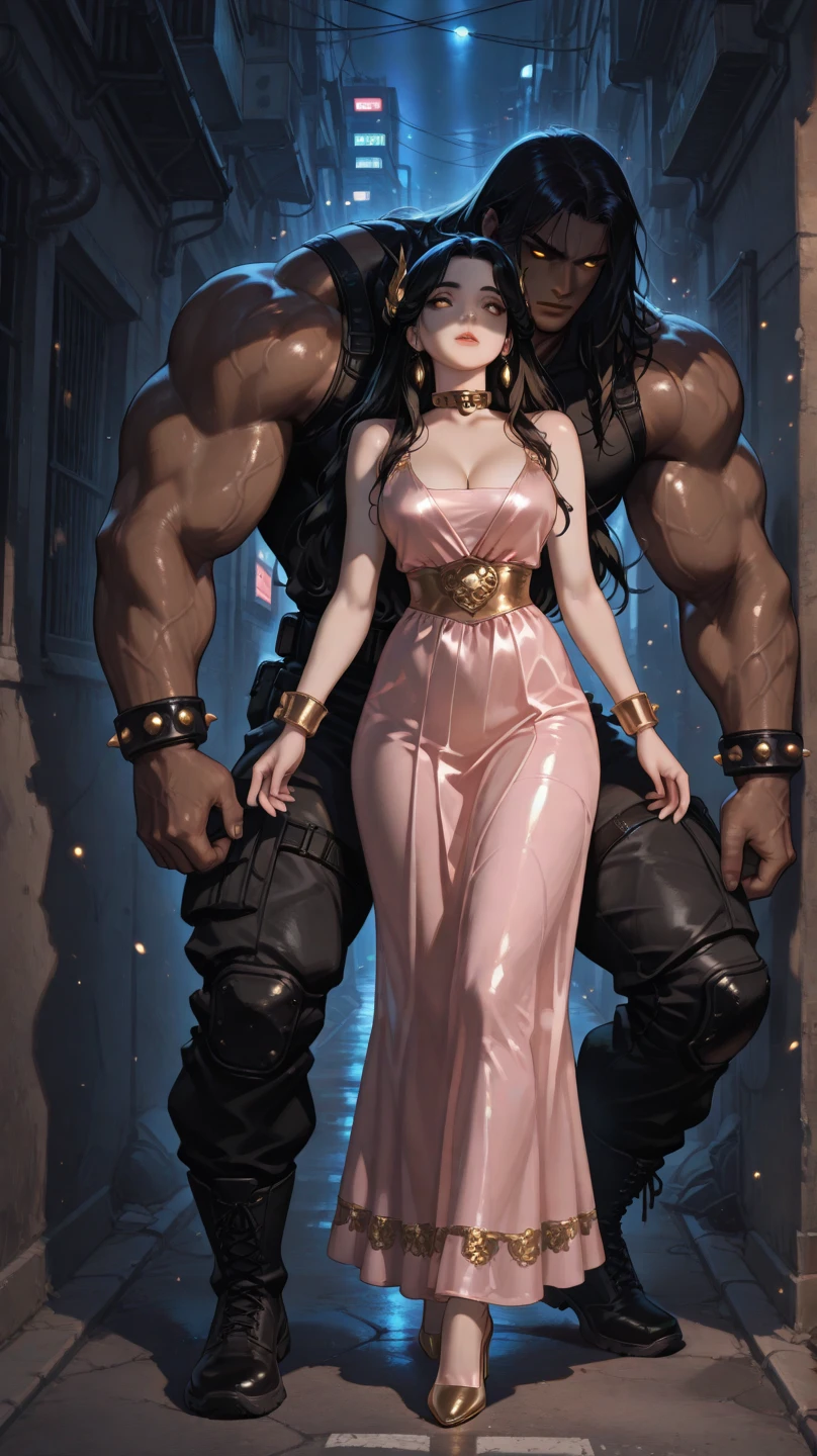 (((a man and woman couple posing dynamically, each one with their respective Lora)))At the heart of an incredibly realistic work of art., The neocruz werewolf, or werewolf, Midway transitions under the cover of night.. His muscles ripple and fur sprouts from his skin in an intricately detailed transformation... He finds himself before an adult vampire junkotvv woman., Her sleek leather outfit hugs her curves in a seductive way. its length, Jet black hair cascades down her back, covering his face while putting up fierce resistance.. The captivating scene comes to life through fantastic realism., with every detail meticulously represented for the ultimate sensory experience.