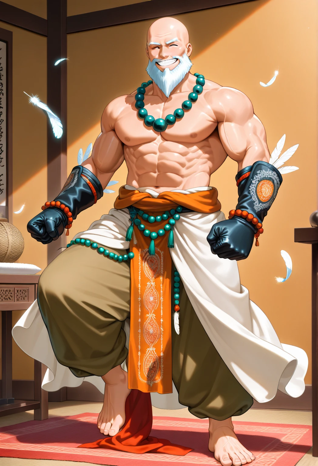 Highest quality,Highest Resolution,An old monk holding a rosary,Temple grounds,Japan,Skinhead,Crystal Jade,Kempo stance,