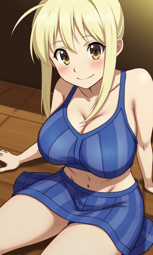 Seina Kashiwazaki, 1girl in, a blond, ponytail, butterfly hair ornament, (medium breast),( cropped tank top), blush , midriff, sitting, after sex, cum, cum on her breasts 