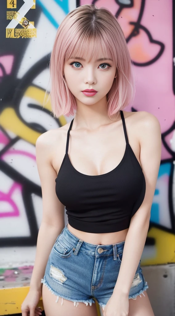 best quality, Clarity, 4k, 8k, detail, actual, Beautiful Girl, Korean makeup, Red lips, pink and blue hair, Perfect body, thigh, stand, pose standing, medium chest, inner top, Pink and Blue Cargo Box Pants, Solid graffiti wall background, Graffiti art,