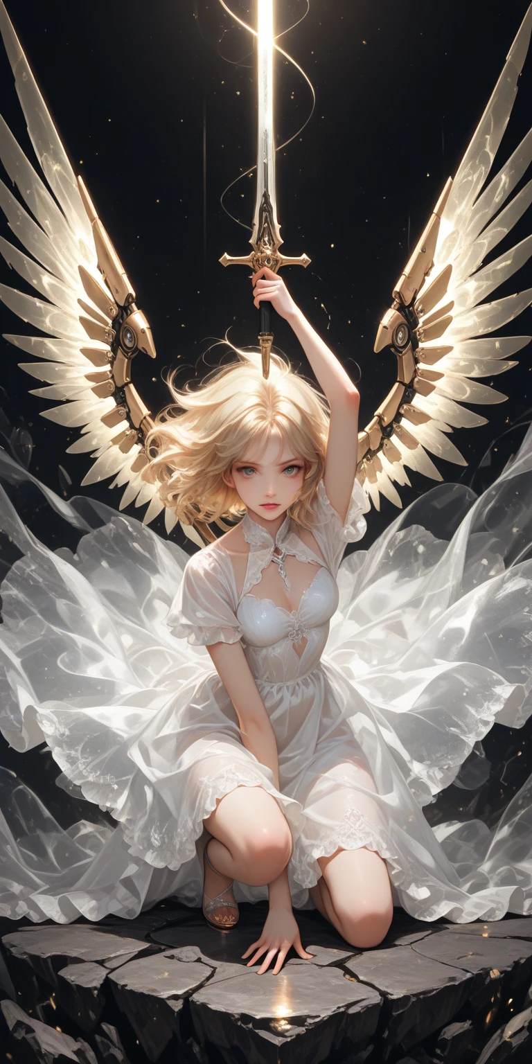 young man with round + square face, golden slanted eyes, short golden/blonde hair, ice demon, skin pale as paper, with tail and horns covered in ice, wearing a white toga, with white angel wings