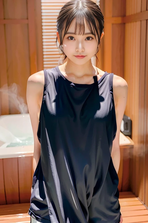 1girl in, (masutepiece:1.1), (Best Quality:1.1)、detailed photo、petite person、(Slimed、small tit、flat boobs、small tit)、sexy  pose:1.2、Wet body、sodden、sexy  pose、Wet body、sodden、A slender、From  above、Delicate and sexy collarbone、16-year-old woman、（Navy Blue Sport Mini Dress）、Painted from head to knee、Show your teeth and laugh out loud