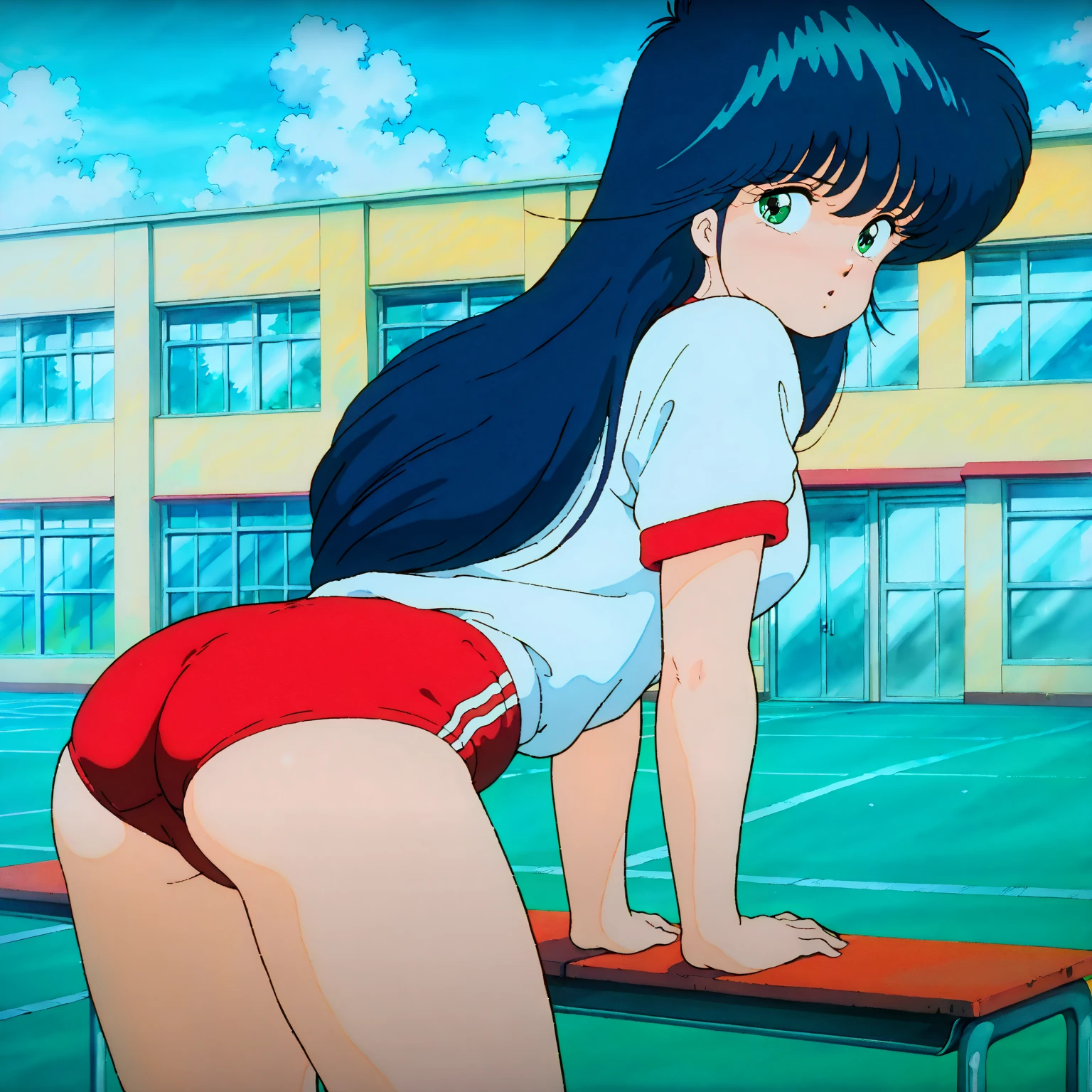 1girls, masterpiece, highest quality, disorganized, retro artstyle, 1980s \(style\)))), look viewer, (((sailor uniform))), (Madoka Ayukawa), (((scoolgirl uniform))), knee shot, full blush, (((no Panties))),, Take a look here, view audience, short hair, 2girls, nsfw, Genitals are visible, (((See here))), (Japanese girl showing off genitals:1.1), look viewer, from below, (((a girl, Flying in the air in a sailor uniform, from the knees up, overlooking the cityscape below,))), openwidee,