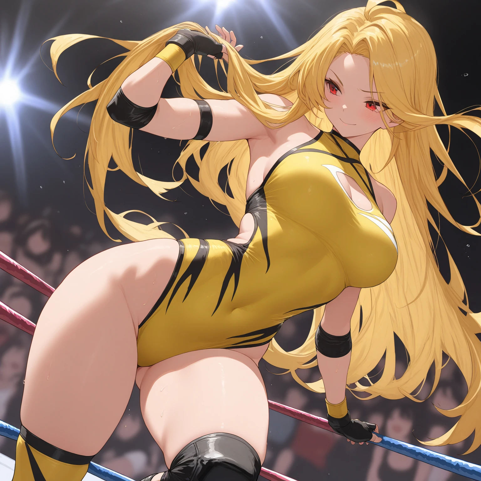 (absurdres, best high quality image, carefuly detailed features and textures, very detailed image, solo character alone, full view): {{(1character: 36 years old human bishop woman milf), ((fair skin), (heterochromia eyes), (golden blonde yellow eyebrows), (beautiful features, absolute beauty), (pale lips), (golden blonde yellow long curly hair), (voluptuous figure, big breasts, beautiful arms, big butt, beautiful legs, standing alone near the turnbuckle)), ((white wrestling one-piece leotard, white wristbands, white wrestling boots)), (gym wrestling ring)}}