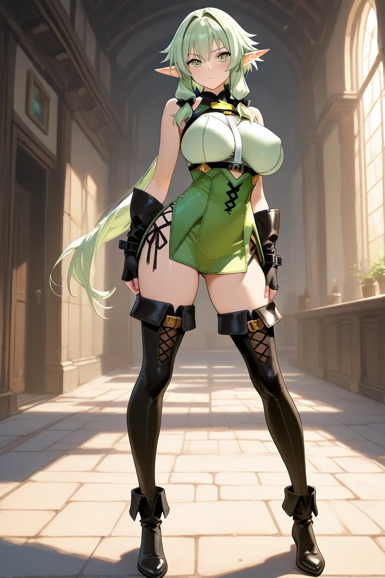 ((masterpiece, best quality)), (1girl),((mature female)), green hair, bangs, medium chest, (busty), slim, smile, [wide hips], office, standing, aru \(golden file\), leotard, bare legs, full body, superhero --auto --s2