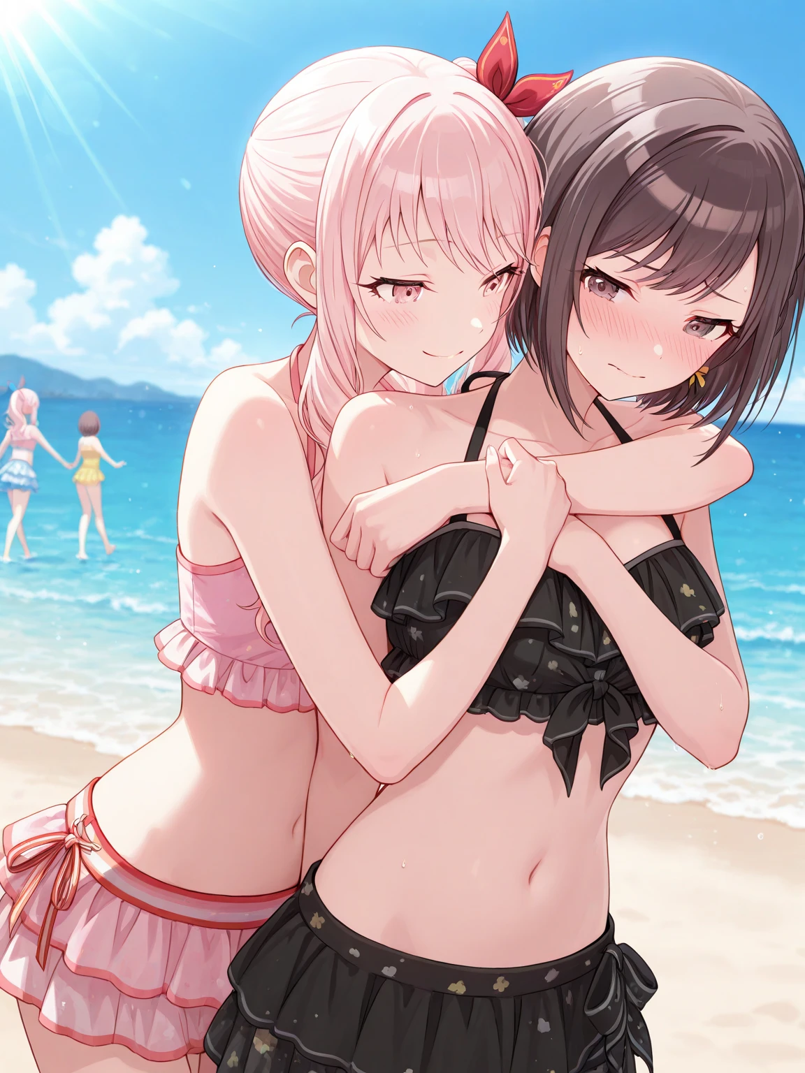 Image drawn using colored pens and watercolors, 背景はTropicalのBeachリゾート, Tropical, Beach, Two anime characters A and B, Characters A and B are young, Characters A and B look young, under teen, 全naked, naked, NUDE, Playing together, Characters A and B are lesbians, Lesbian Sex, during sex, A composition that includes both people's whole bodies, Character A has raccoon ears on his head., Character A has a raccoon tail on his butt., Character A's hair color is gray-blue with a raccoon pattern., Character A's hairstyle is short, Character A's eye color is hawk brown., Character A is wearing a collar with a blue ribbon, resbian, intercourse, Character B has fox ears on his head., Character B has a fox tail on his butt., Character B's hair color is orange-yellow, Character B's hairstyle is long hair, Character B's eye color is hazel, Character B is wearing a pink ribbon collar.,