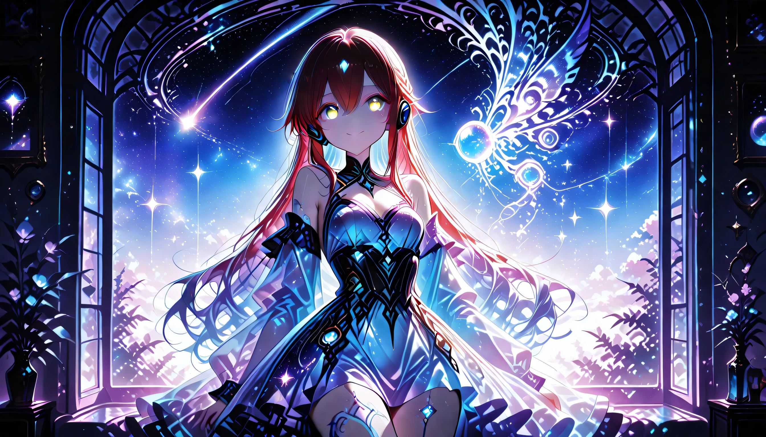 score_9, score_8_up, score_7_up,high resolution, source_anime, absurd_res, 1 girl , golden eyes , very long hair , long sidelocks, red hair ,half updo, petite , very cute , beautiful ,Straight hair, cool, handsome, hair between eyes, sexy, medium breasts, nightgown, smiling, looking in awe, in modern room, sitting on bed, beside bed is window frame, outside window is trees and in the distance the moon “🌙” and stars, listening music, close up, cowboy shot, looking out window at nighttime sky, headphones on, listening with IPod. Music notes, calm, peaceful, tranquil, with headphones, , stars, s, multi-colored shooting stars, dream galaxy, galaxy (theme), surreal, dreamcore, purple lineart, galaxy elements, kawaii style, aesthetic, soft colors, pastel colors, colored lineart, ((blue tones: 1.2)), ((purple tones: 1.2)), glitter effect, fantasy style