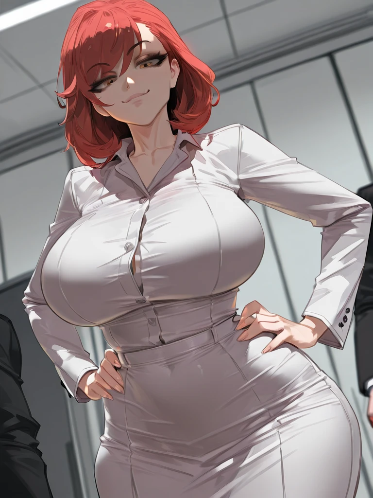 4k, masterpiece, high resolution, 3D art style, Cerberus, 1girl, mature, red hair, slender hips, thick thighs, huge breast, huge round ass, 1 piece dress and fishnet legging, walking in the office hallway