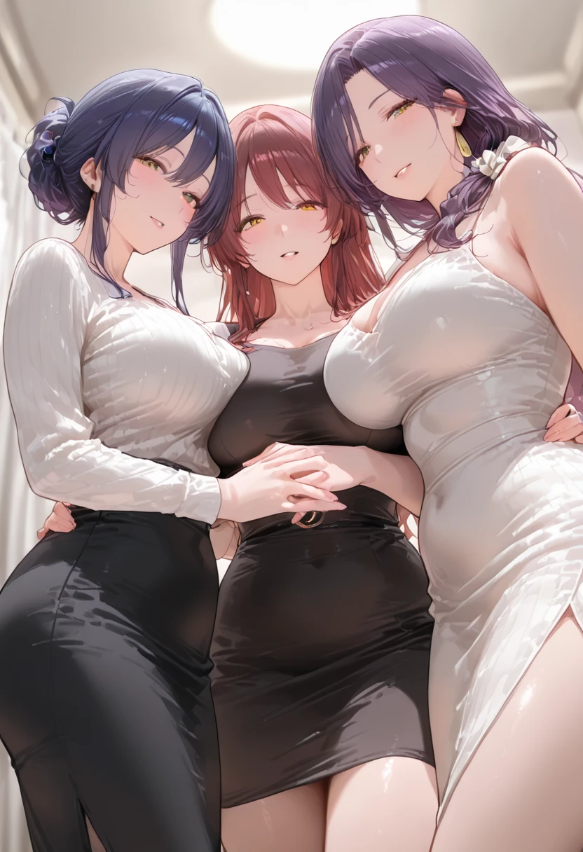 ((THREE girls)),(nsfw,),((solo girl)),((Perfect body,))((Super beautiful,))((High quality,))((Heavy breathing,sweat, Sweaty and wet all over,blush)),((gigantic breast,)), Looking at Viewer,half open eyes,((from back view)),(Three beautiful girls with their backs turned and their butts sticking out,),(((full nude))),collar,She turns around with her back to me, sticking out her butt,from back view,Directly behind,((Turning your back to me, sticking out your butt,)),focus butt,nipple,cum dropping pussy,((spread pussy with her hand))