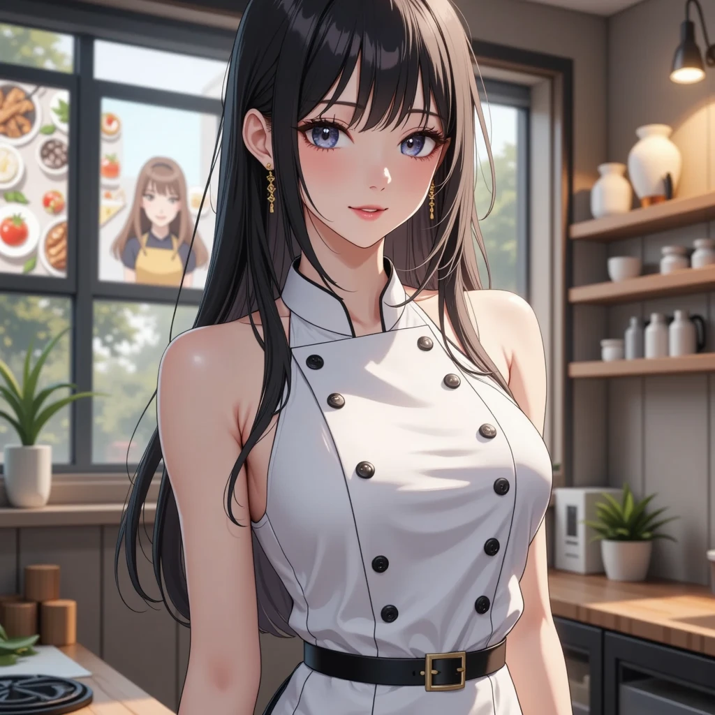 full_body,naked_apron,restaurant,from_front,short hair,black hair,good anatomy,best quality,masterpiece,beautiful,cute face