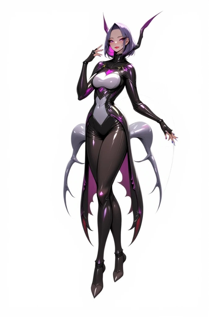La mejor calidad, Obra maestra, extremadamente detallado, anime, Evelynn_predeterminado, hendidura_Pupilas, resplandeciente_ojos, negro_sclera, Blanco_cabello, presumido, (Full Body Angle)