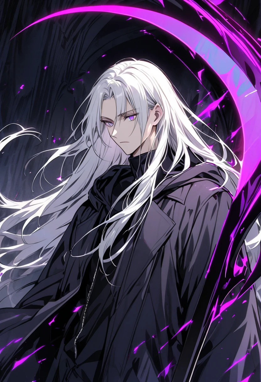 male, long hair, white hair, red eyes, cloak, dark aura, side view, experienced, face close, mature