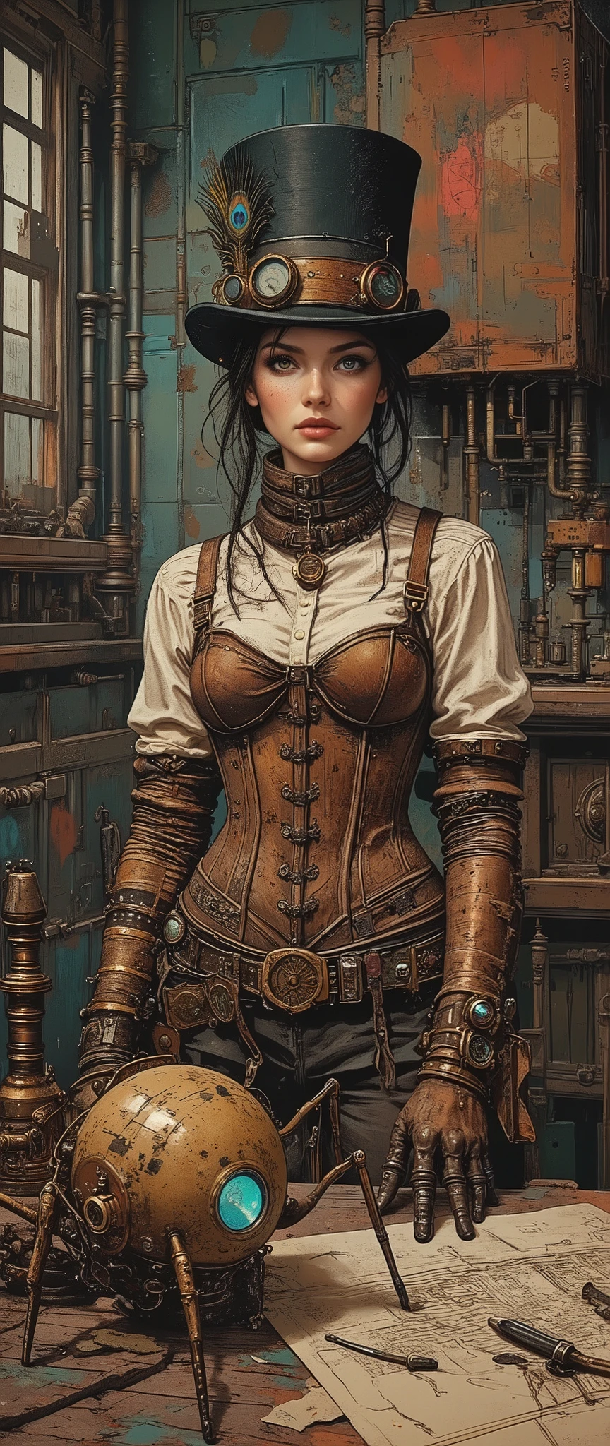 A realistic portrait of a confident woman in a workshop, dressed in a worn steampunk suit. A top hat. Worn black leather with cracks and scratches. Tarnished brass gears, some with oxide stains.A dirty peacock feather with a broken tip. Corset. Cracked brown skin with faded patches. The copper tubes are covered with patina, the lacing is slightly loosened. One pressure gauge is broken, the needle is frozen. Headphones. They hang around his neck, one of the ear pads is unscrewed. The logo: "Bitcoin" is scratched, but still visible. In his hands is a thick folder with drawings, tied with a leather belt, old diagrams and burnt papers sticking out of it. On the floor is a spider robot (brass body, 8 legs with screwdrivers) , slightly disheveled hair, with copper hairpins in the form of small tools.A face with a little soot on the cheek (as after working with machinery). The background is a cluttered workshop: half-disassembled steam units, dirty handprints on the walls yellowed drawings marked with red ink.Peeling paint on metal. Colors:muted brown, copper, black, oxidized bronze, beige, cream, turquoise, coral. Lighting: dim light through a dusty window, soft glow of a lamp.There is dust in the air. Stylized digital art in steampunk style.