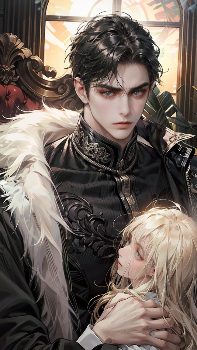 best qualtiy, a thriller masterpiece,High-gloss dark style, Man with his back to the rug, One man, male, soft blue eyes, dark circles under eyes, soft face, masculine, dark mauve hair, long hair, middle part, curtain fringe, bangs, wavy hair, tall, slender, muscular, broad shoulders, long eyelashes, gentle, masculine but beautiful, blue eyes, pink lips, eye bags, smile,masculine, gentle, casual clothes, white shirt, bare chest, bloody moonlight, desperate visual impact, hands spread wide, it's like embracing the sky, the ground was covered with blood, death is imminent,mirror inversion, clock tower chain, blood red cloak, white gloves