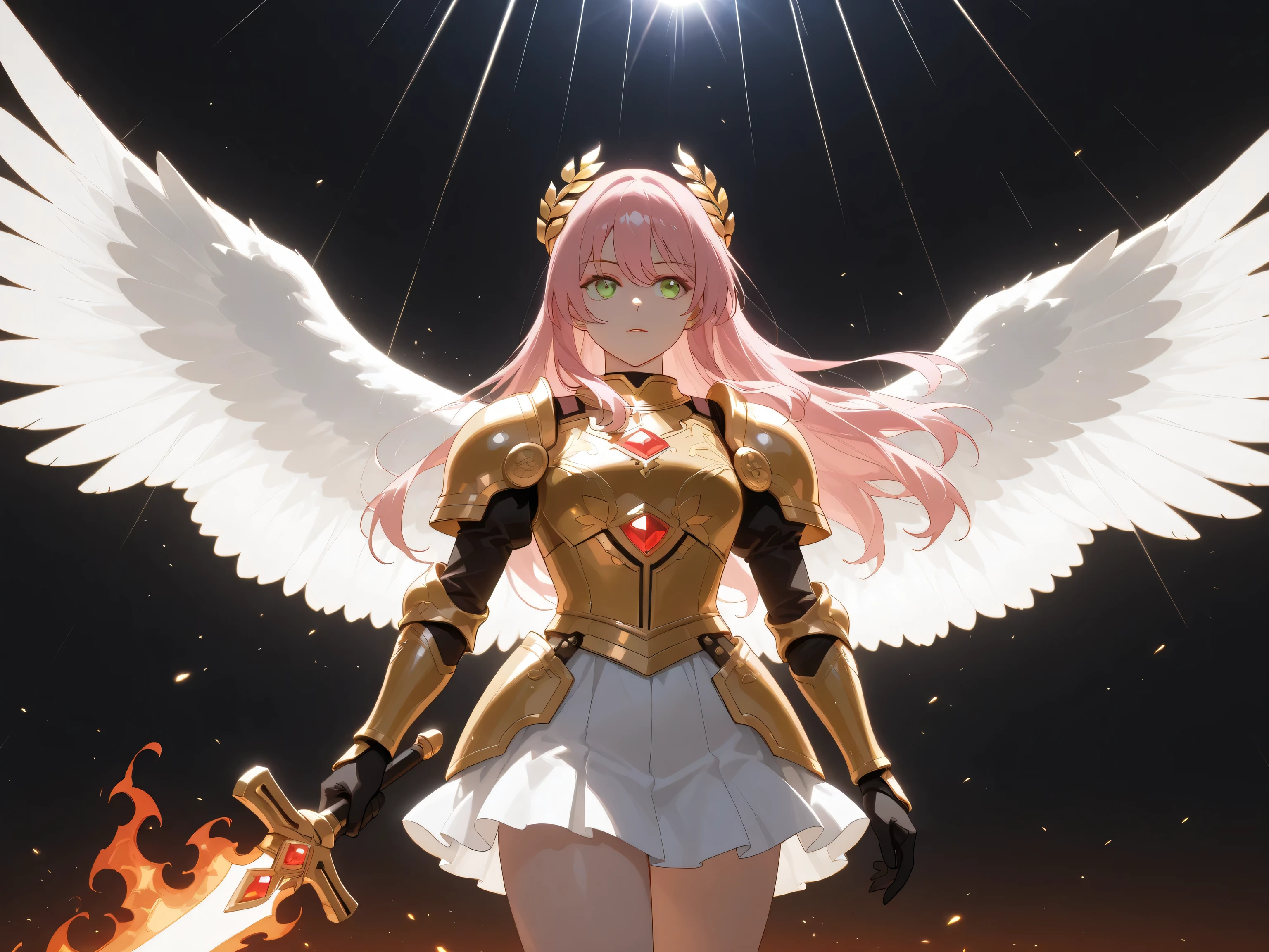 one girl, is the side of the band :1.2, whole body ,chihaya_anon, MyGO, long hair, pink hair , golden laurel wreath, red and golden armor, floating in the air, Holding a burning sword, Raise the sword, short skirt, angel wings, sun rays