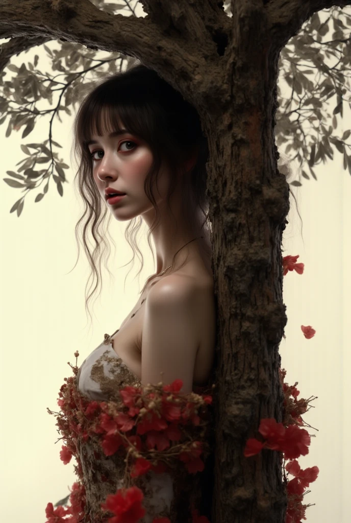 Beautiful slender thin exquisite () (Girl 16 yith a perfect southern type face) (with short burgundy hair) (with tender beautiful big breasts withples) barefoot with bare ((with red pubic hairs)) ((in an unbuttoned open pink shirt over his naked body and short burgundy shorcoming (along the brick road) in the middle of a flowering field, (A jug of wine), in a gentle watercolor style, Discreet shades, sfumato, haze, diffused dim light, delicate mint shades, imitation of film photography, (olive and grape groves, Brick Road), (High image quality, Maximum detail), (sunset lighting, Warm evening shades, warm golden and olive sunset light)