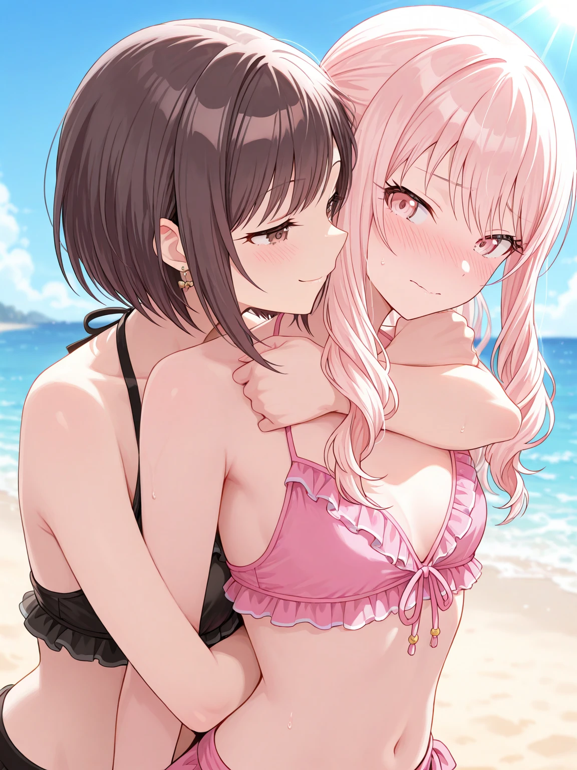 Two women kiss on the beach at night With bikinis