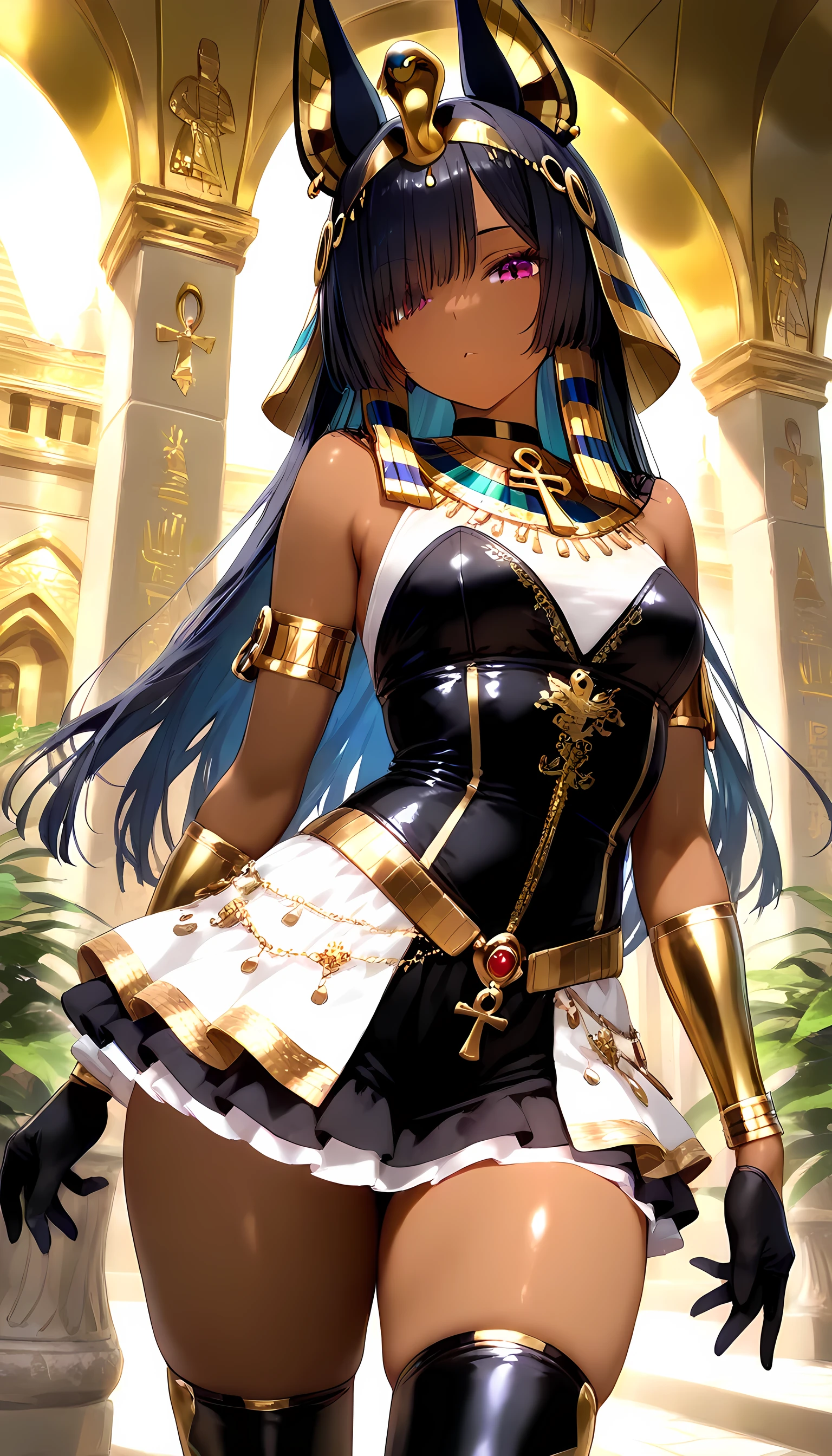 smile, cowboy shot,  <lora:Anubis_Citron_OC_Anime:0.8> Anubis_Citron_OC, (dark skin:1.3), black hair, yellow eyes,  <lora:hadanuri1:1>    pyramid \(structure\),   <lora:AMechaSSS[color_theme,mecha musume, mechanical parts,robot joints,headgear]:1> mecha musume, mechanical parts, robot joints, headgear, ultra detailed, masterpiece, best quality, aesthetic, detailed,