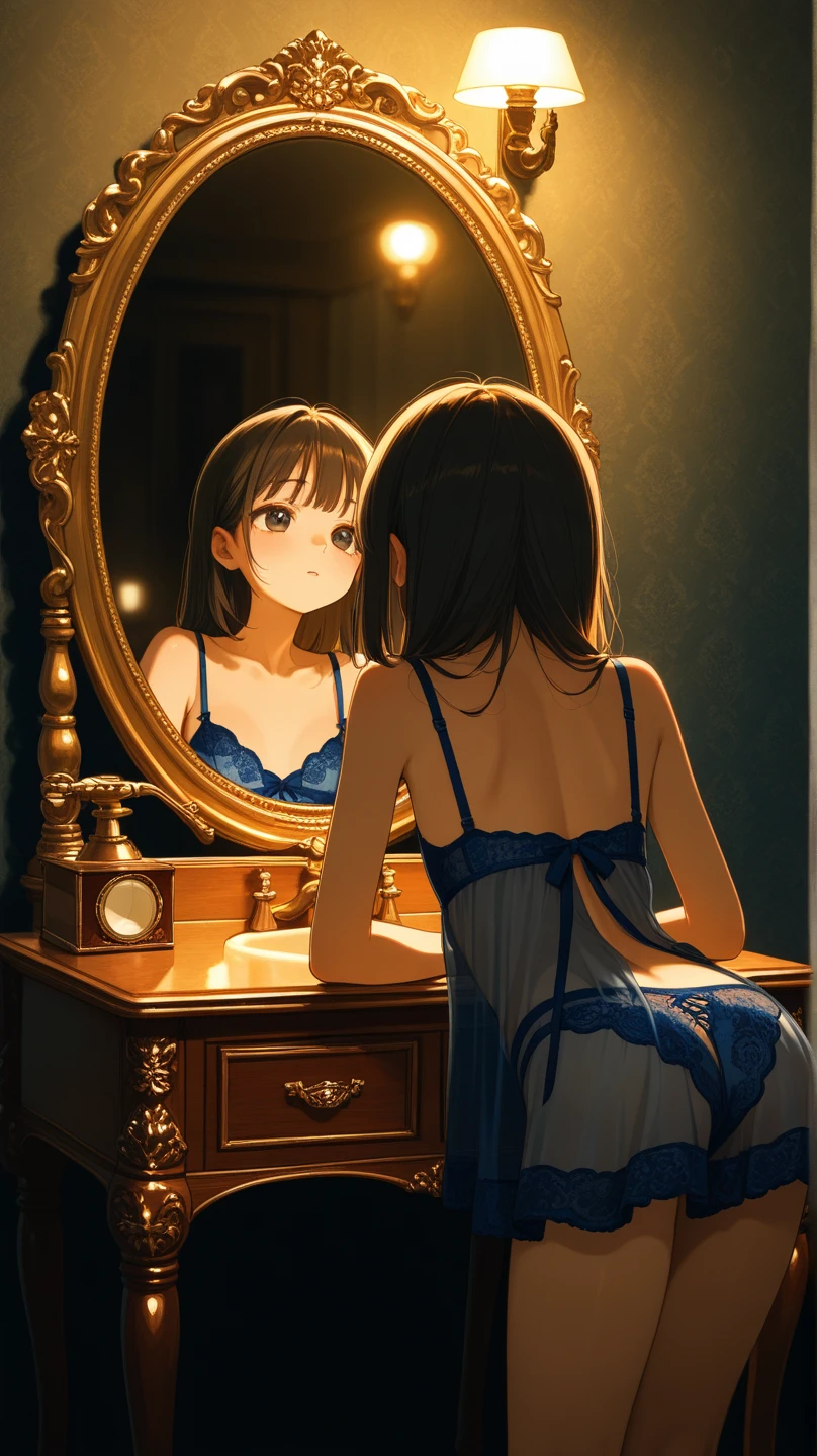 ((Biologically correct limb count))、(( Full-body photo including face))、4K、((Standing position))、masterpiece、((Focus on the face))、((Symmetrical facial features))、Eye for detailed depiction、Beautiful blue-haired woman、Excellent style、Beautiful clavicle、Beautiful feet、Beautiful Hands、Glamorous body、(stockings、garter belt、High heels)、Facial detailing、Small earrings、necklace、(No sleeve、Pleated skirt、Completely naked)、High heelsに照明を当てる、tie、sunny、(((Photo frame with white border)))、Seductive posture、((Looking up))、(Low - Angle、A camera angle that captures the inside of a skirt from below)、Silk gloves、(((Short Hair)))、(((Moments of ecstasy)))、((Looking back))