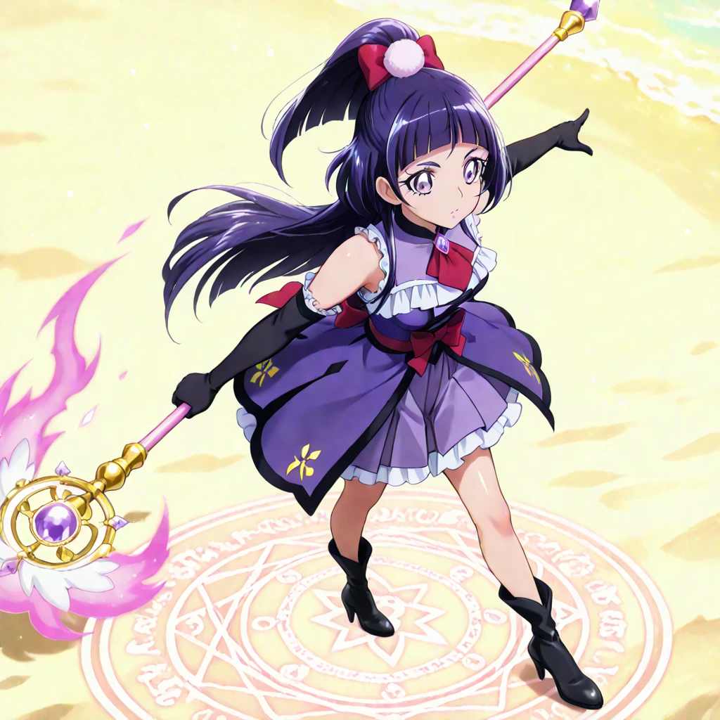 (ultra-detailed)
(masterpiece),(best quality),high score,highres,incredibly absurdres,anime screencap,pastel colors,anime,shiny skin,
Balanced upper and lower body structure,
Izayoi Riko,Mahou tsukai Pretty Cure,precure,frills,magical girl,
incredibly detailed beautiful dark purple hair,long hair,shiny hair,high ponytail,blunt bangs,thin ponytail,long ponytail,
incredibly detailed beautiful light purple eyes, incredibly detailed beautiful Pupil,Eyebrows visible through hair,eyelashes
incredibly detailed beautiful jewels,bare shoulders,incredibly detailed beautiful medium breasts,
incredibly detailed beautiful jewels,
black gloves,shore,elbow gloves,gold braceret,
purple dress, frilled dress,red ascot,purple brooch,waist ribbon,sleeveless,two tone dress,
purple skirt, frilled skirt,petticoat,pleated slirt,dark grey long boots,high heels,
((sfw)),
(1girl,solo,fullbody,no background)pom-pom shorts,
She stands holding up a long magic staff,magic circle,Luminescent staff tips