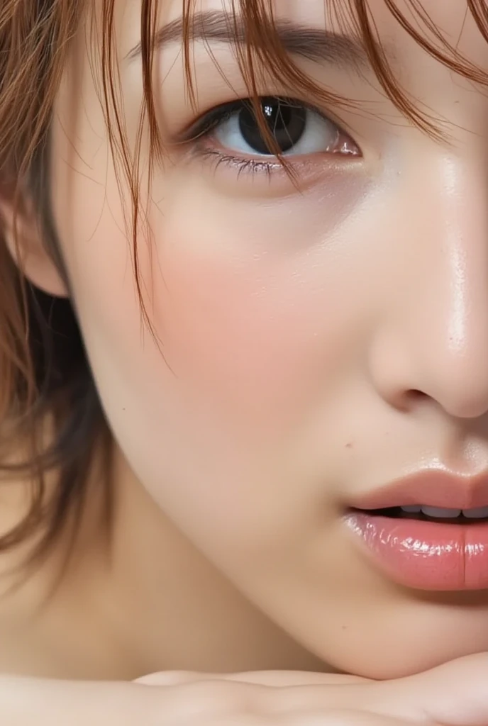 (masterpiece、Highest quality、Very detailed),日本人女性の顔のVery detailedなクローズアップ画像,The hair is long and straight、The skin is white and smooth、Natural shine、Fine skin texture、Slight redness on cheeks、Perfectly depict every detail、Fine details of the iris、Long natural eyelashes、The eyebrows are well groomed、まつげのindivual々The hair is clearly visible、noseは繊細、nose孔の細かいディテール、Lips are plump and naturally pink、A subtle sheen that accentuates the shape of your lips、Lip texture with fine lines and soft curves、The background is simple and blurred、Focus on the face、Details and natural beauty、depiction of light and shadow、Soft natural light、Gently illuminates the face from the front、amount、nose、Creates a subtle glow on the cheeks、The shadows are soft and follow the contours of the face.、cheekbone、Jaw Curve、noseの側面を強調、The light reflects off of your eyes, creating little highlights that bring them to life.、The gloss on her lips reflects the light faintly、Emphasizes plump texture、The shadow of the hair gives depth and dimension、indivual々The hair shines in the light