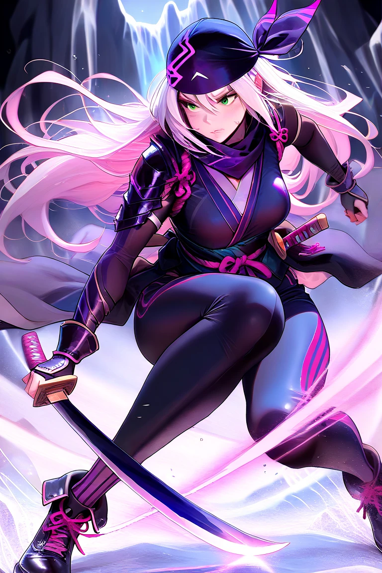 Woman with dark skin and white hair, black and purple outfit shooting arrows

