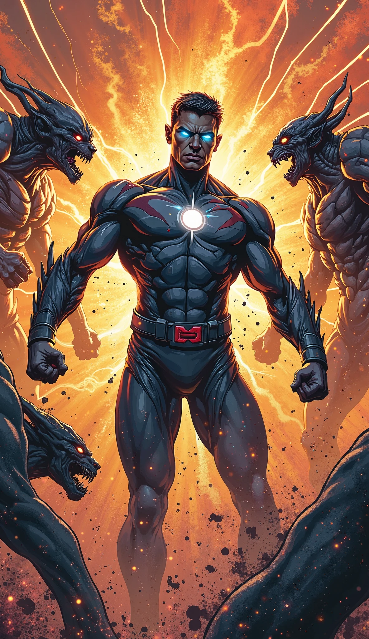 1man, masterpiece, best quality, detailed background, solo, full body, facial hair, muscular male, floating, aged up, tight Super Hero Outfit, anger, yelling, furious supernatural power glowing, Space, Outer space, Vibrant Colorful planets, depth of field